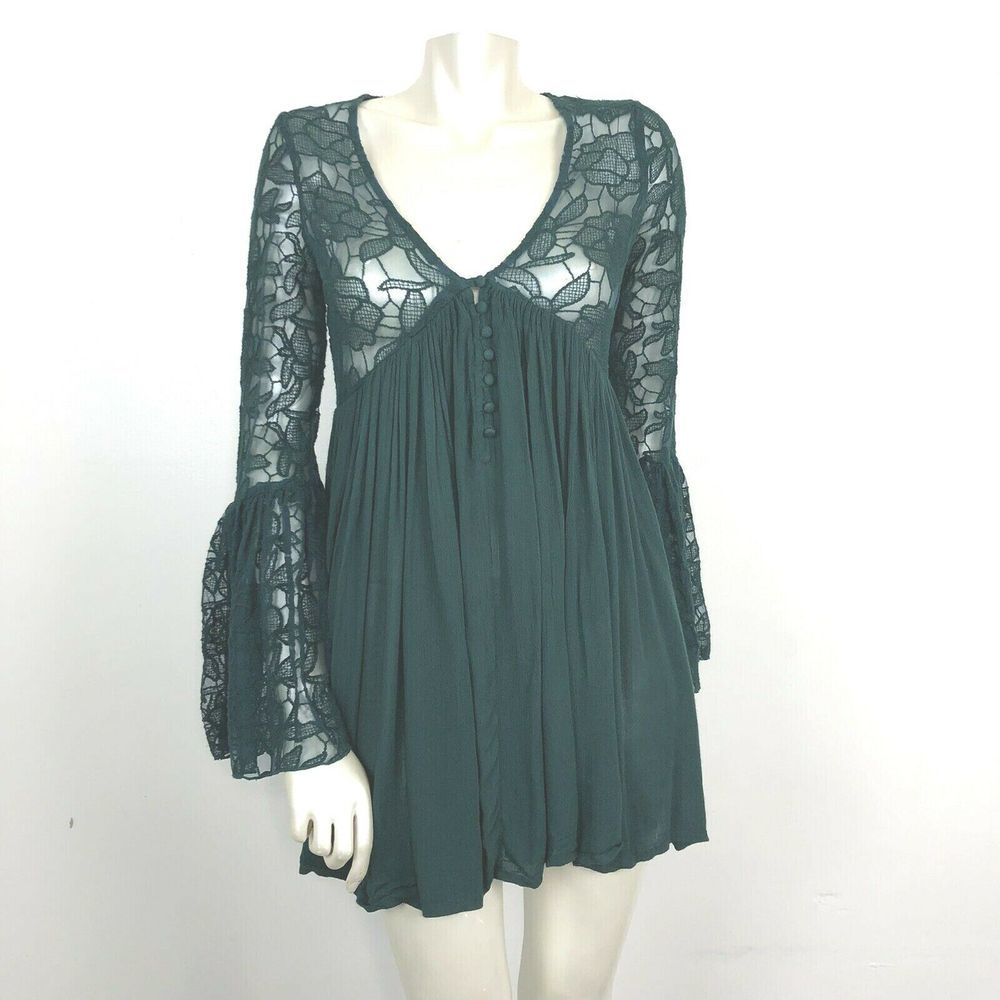 Free People XS Green Mini Dress Belt Sleeve